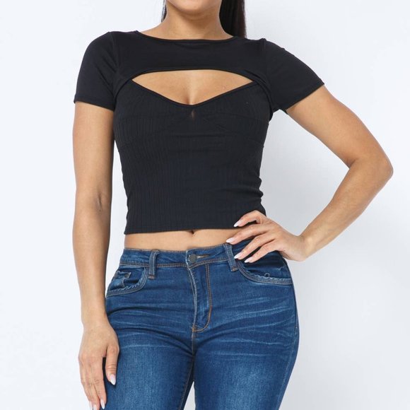 love J Tops - Love J Ribbed Pullover Shrug Cut Out Top--Black